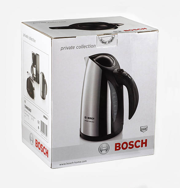 Rishon Le Zion, Israel - November 7, 2014: Cardboard box of Bosch cordless electric kettle. Private Collection. Stainless steel. 1.7L. Model TWK6303. Produced in China.