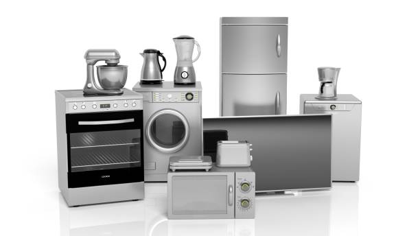 3d rendering set of silver household appliances on white background