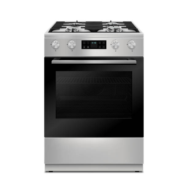 Kitchen gas stove. The household equipment. Realistic 3d Vector illustration. Front view. Isolated on white background