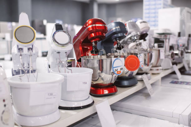 Electric mixers on a shelf in a store or showroom
